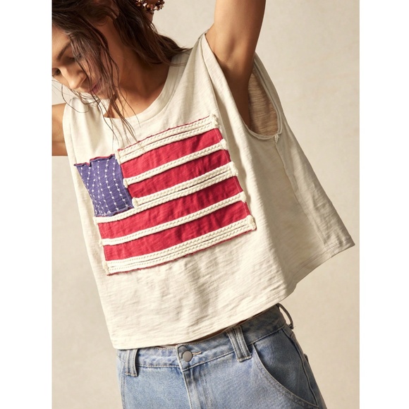 100% Cotton American Flag Beige Round Neck Sleeveless Muscle Tee Shirt - Picture 1 of 8